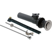 Chrome finish drain assembly with black cylindrical body, chrome drain cover, and metal mounting components displayed separat