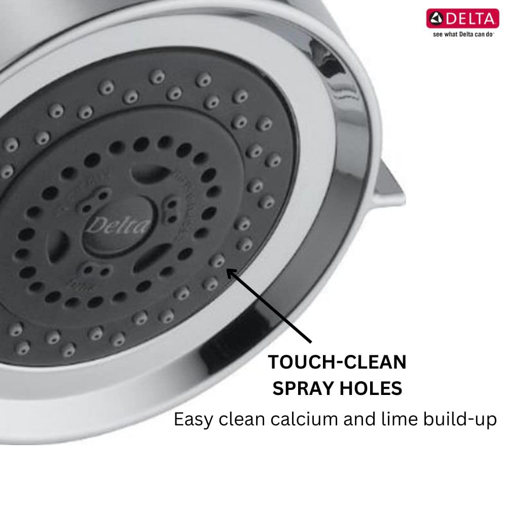 Chrome shower head with multiple spray holes arranged in concentric circles and a chrome trim ring.