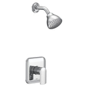 Chrome shower trim kit with single handle control, showerhead with perforations, and curved arm mount.