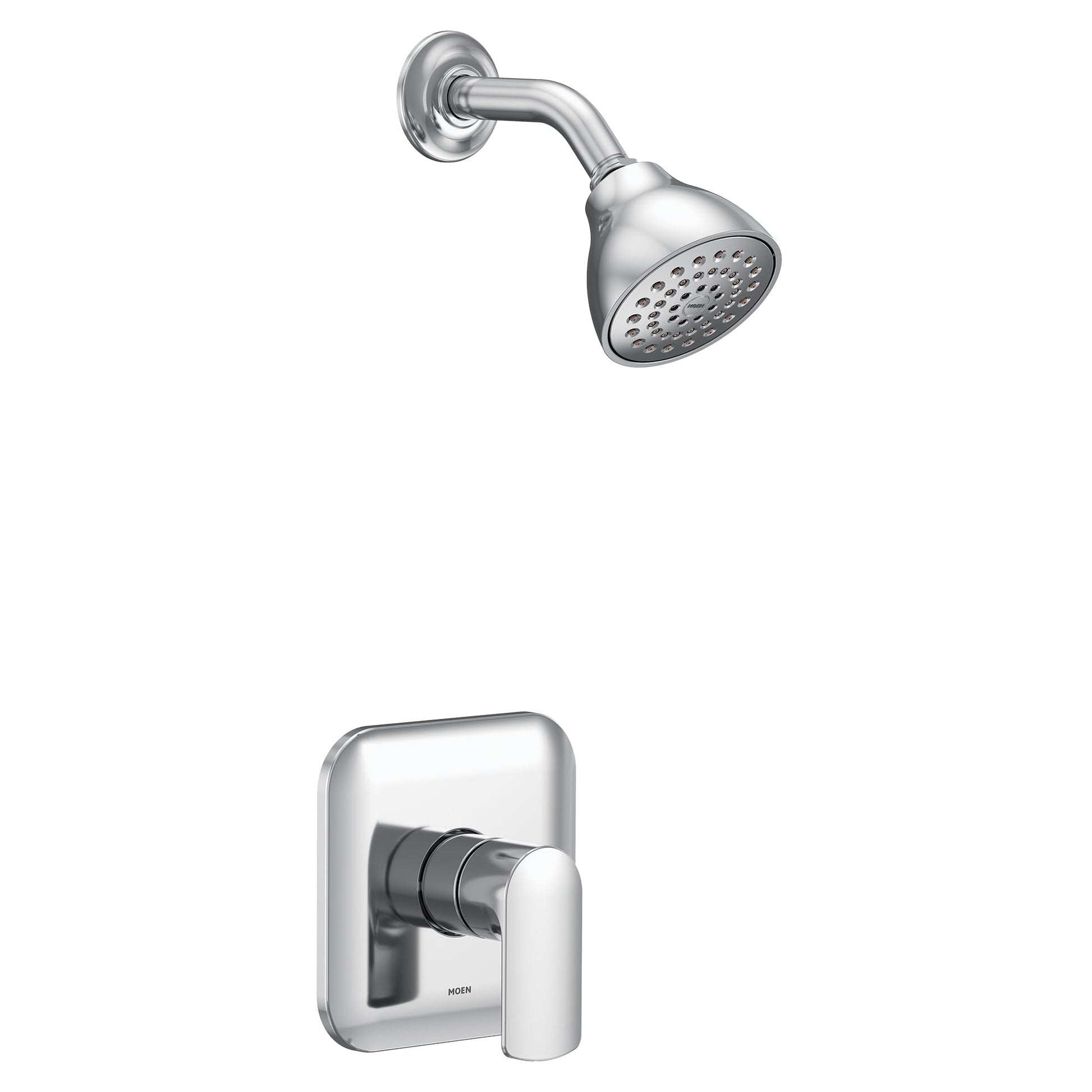 Chrome shower trim kit with single handle control, showerhead with perforations, and curved arm mount.