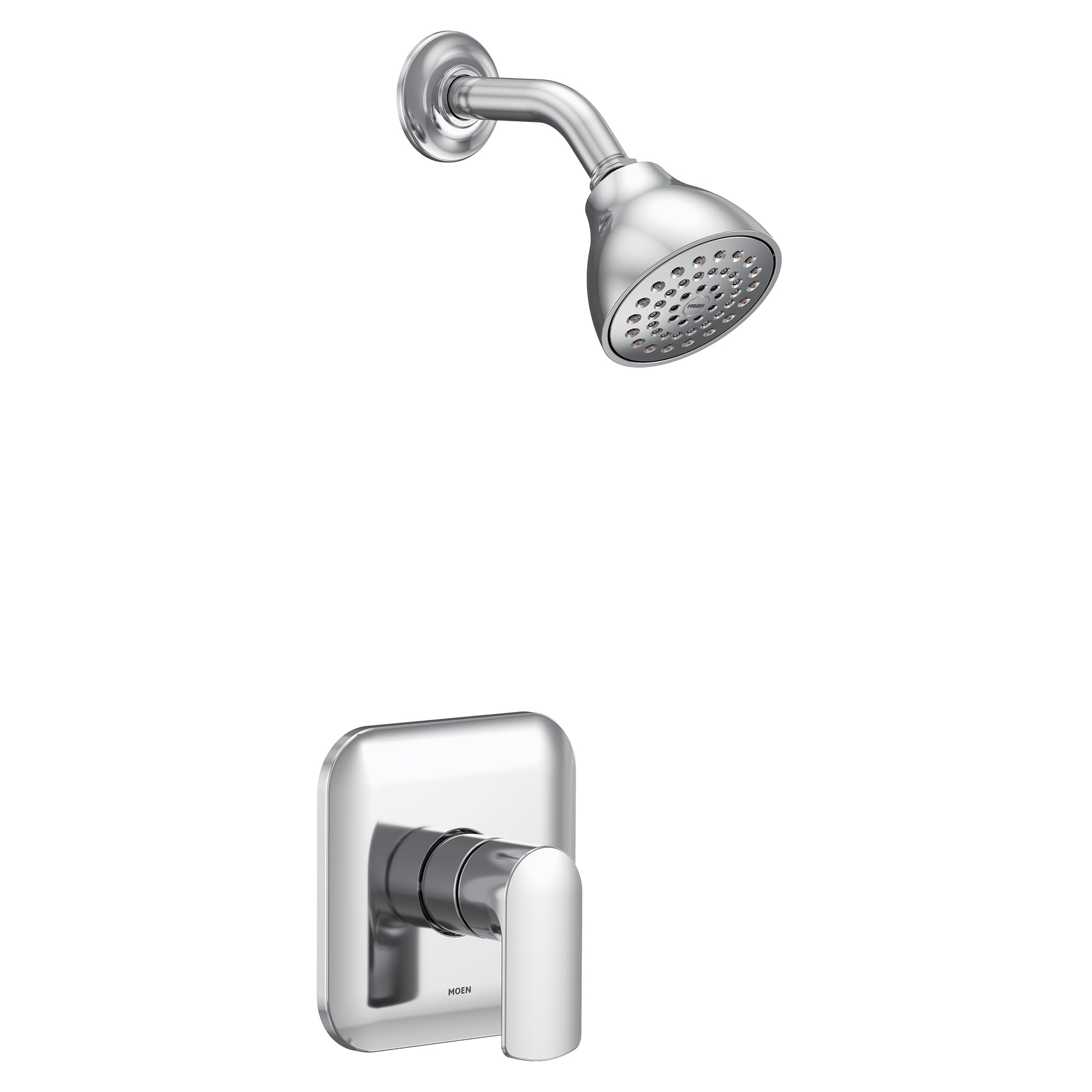 Chrome shower trim kit with single handle control, showerhead with perforations, and curved arm mount.