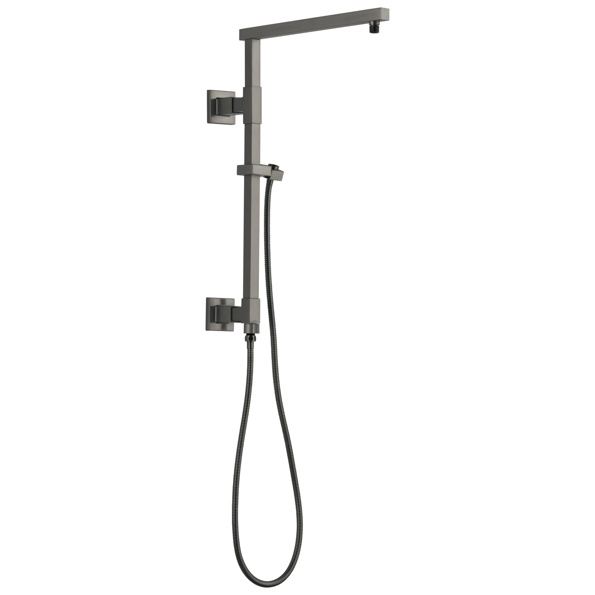 Gunmetal gray shower column with angular overhead arm, control valve, and handheld showerhead with hose.