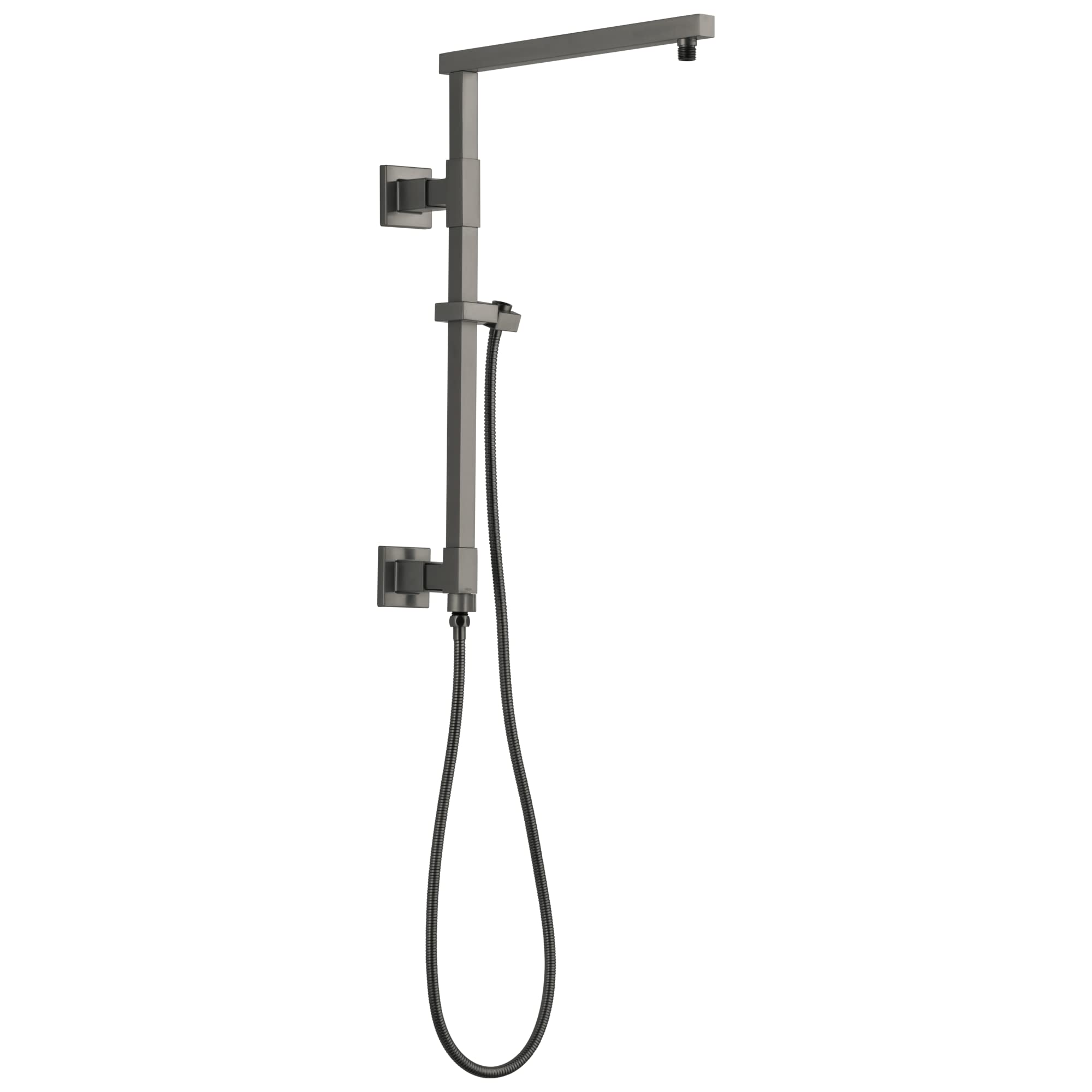 Gunmetal gray shower column with angular overhead arm, control valve, and handheld showerhead with hose.