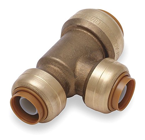 Brass reducing tee fitting with three push-to-connect ports in different sizes.