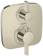 Brushed nickel thermostatic shower trim with dual circular handles, temperature dial marked to 100°F, and rectangular backpla