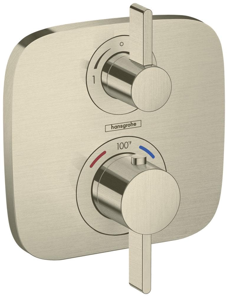 Brushed nickel thermostatic shower trim with dual circular handles, temperature dial marked to 100°F, and rectangular backpla