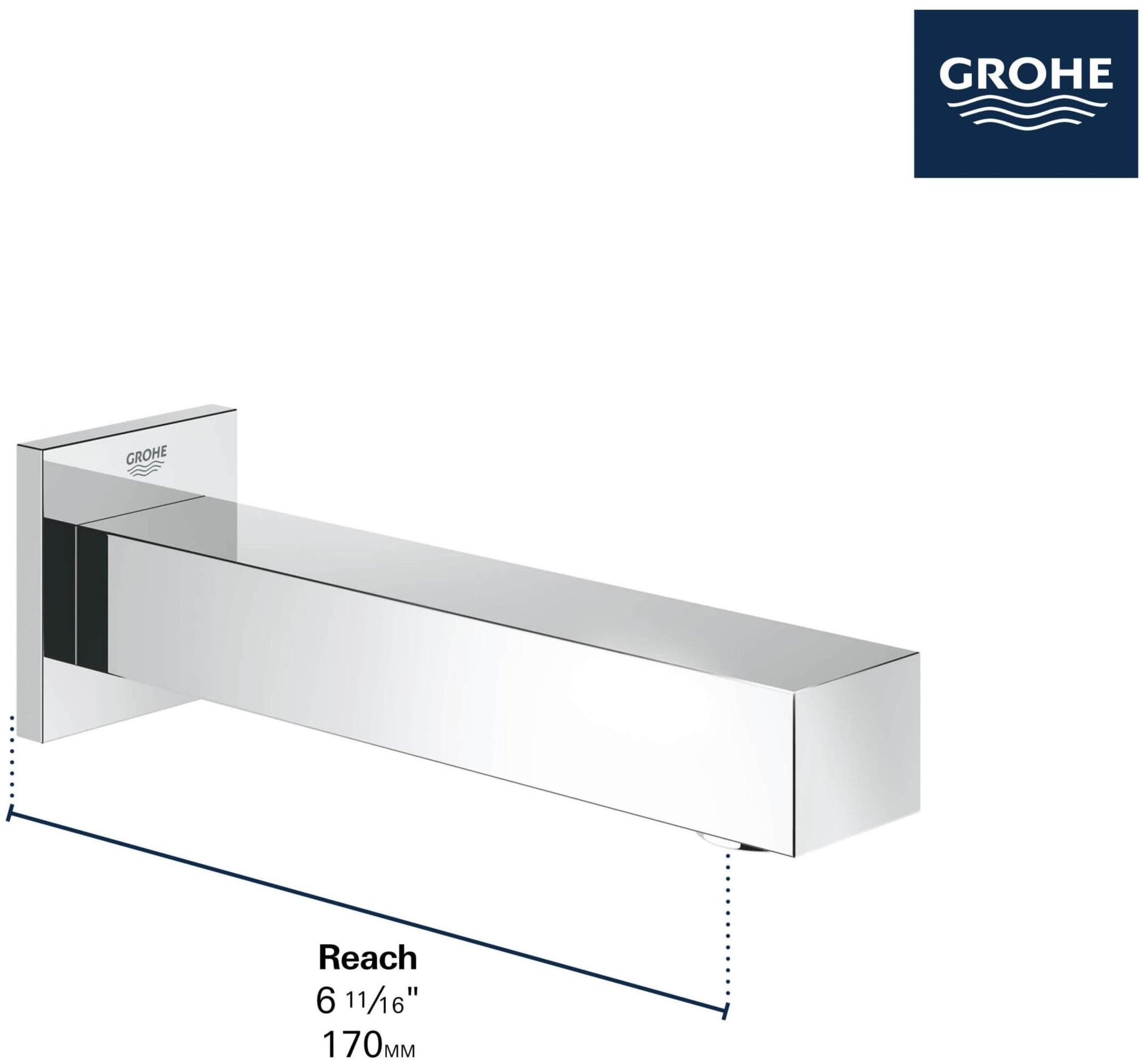 Matte black and chrome rectangular tub spout with wall-mounted bracket, 6 11/16" reach.