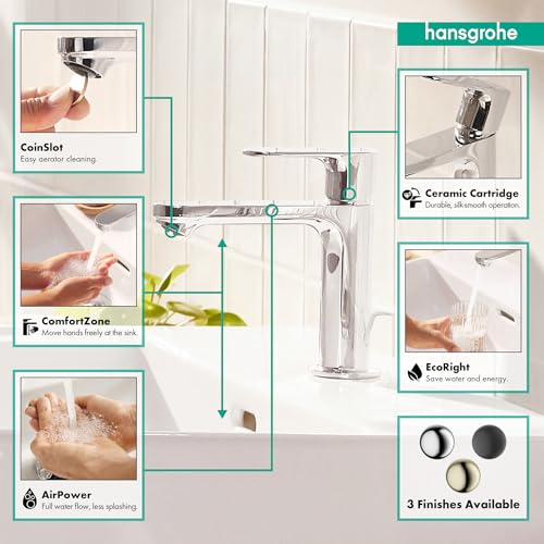 Chrome single-hole bathroom faucet with tall curved spout and pop-up drain, shown with water stream and feature callouts.