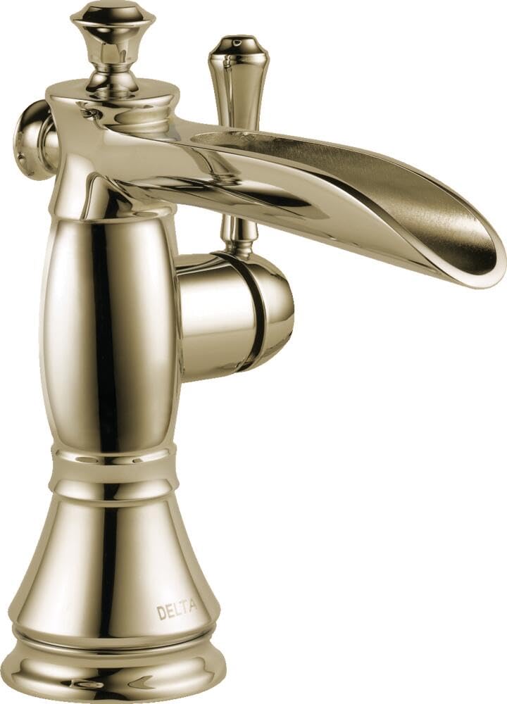 Polished brass single-handle bathroom faucet with curved spout and pop-up drain assembly.