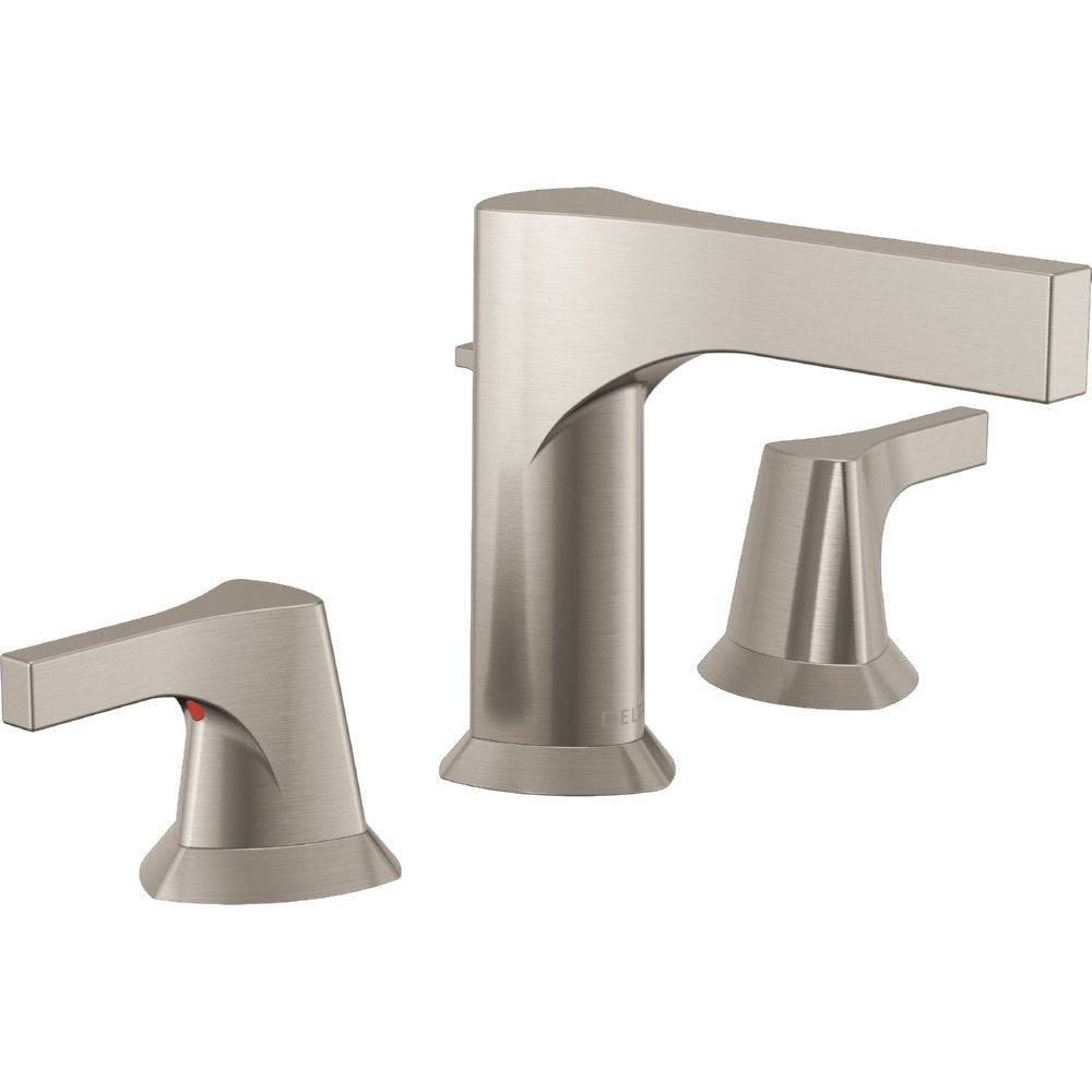 Brushed nickel two-handle widespread bathroom faucet with curved spout and matching pop-up drain assembly.