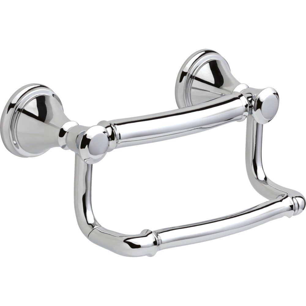Chrome bathroom tissue holder with dual assist bars and round wall-mounted bases.