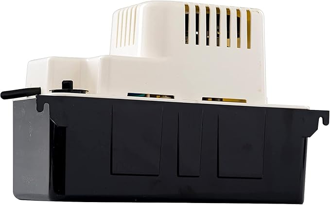 White and black condensate removal pump with cream-colored motor unit mounted on top of black reservoir basin.