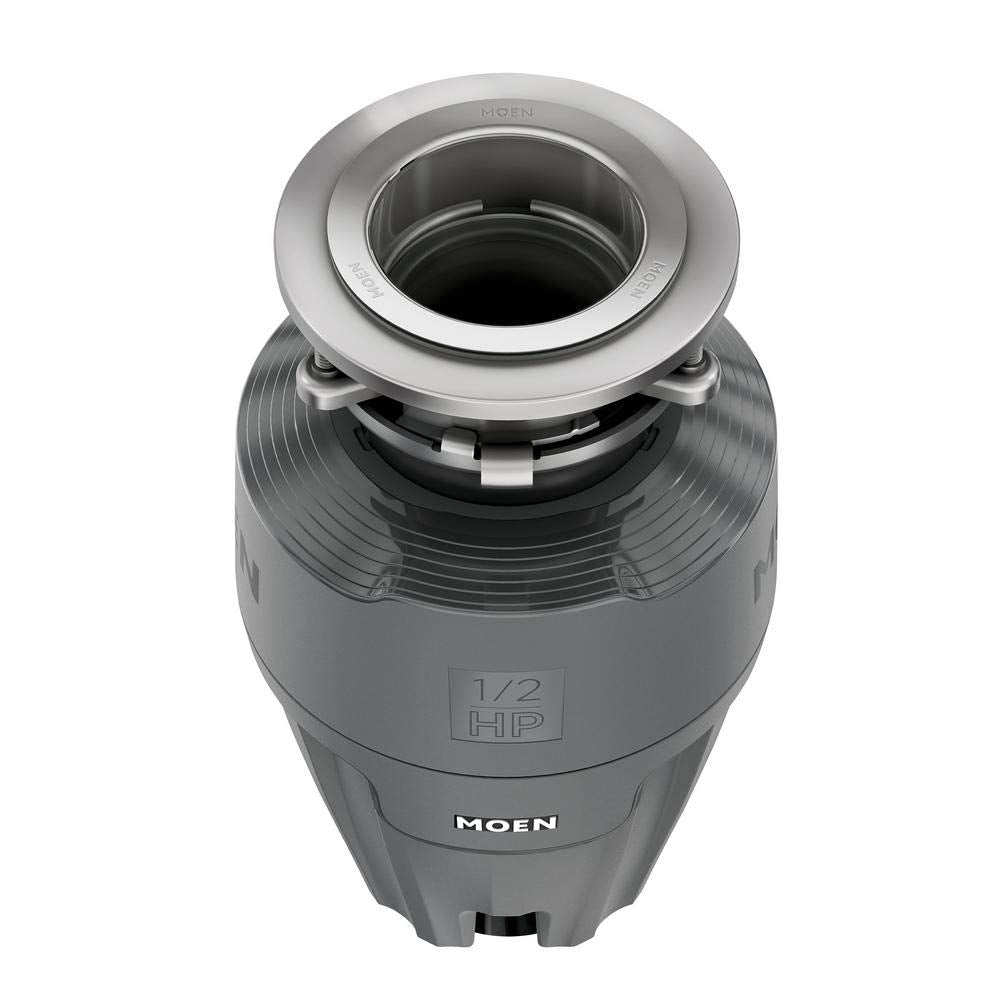 Moen EX50C 1/2 HP garbage disposal with stainless steel sink flange and gray cylindrical body.