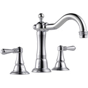 Chrome three-piece bathroom faucet with curved spout, single handle, and two lever controls on pedestal bases.