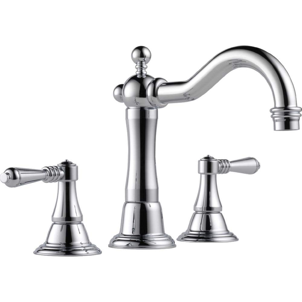 Chrome three-piece bathroom faucet with curved spout, single handle, and two lever controls on pedestal bases.