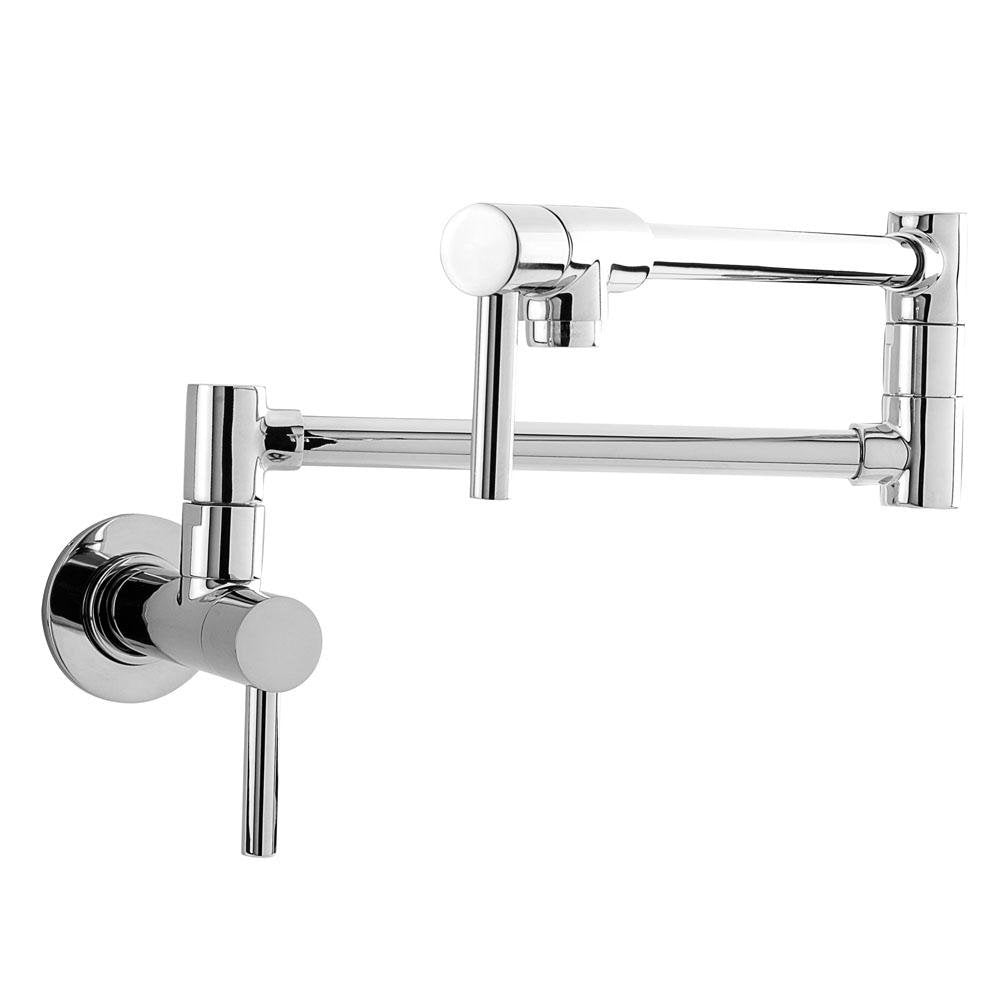 Wall-mounted pot filler faucet in polished chrome with articulating arm and single lever handle.