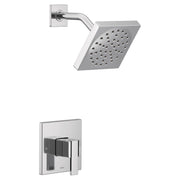 Chrome shower trim kit with single handle, square showerhead, curved arm, and rectangular escutcheon plate.