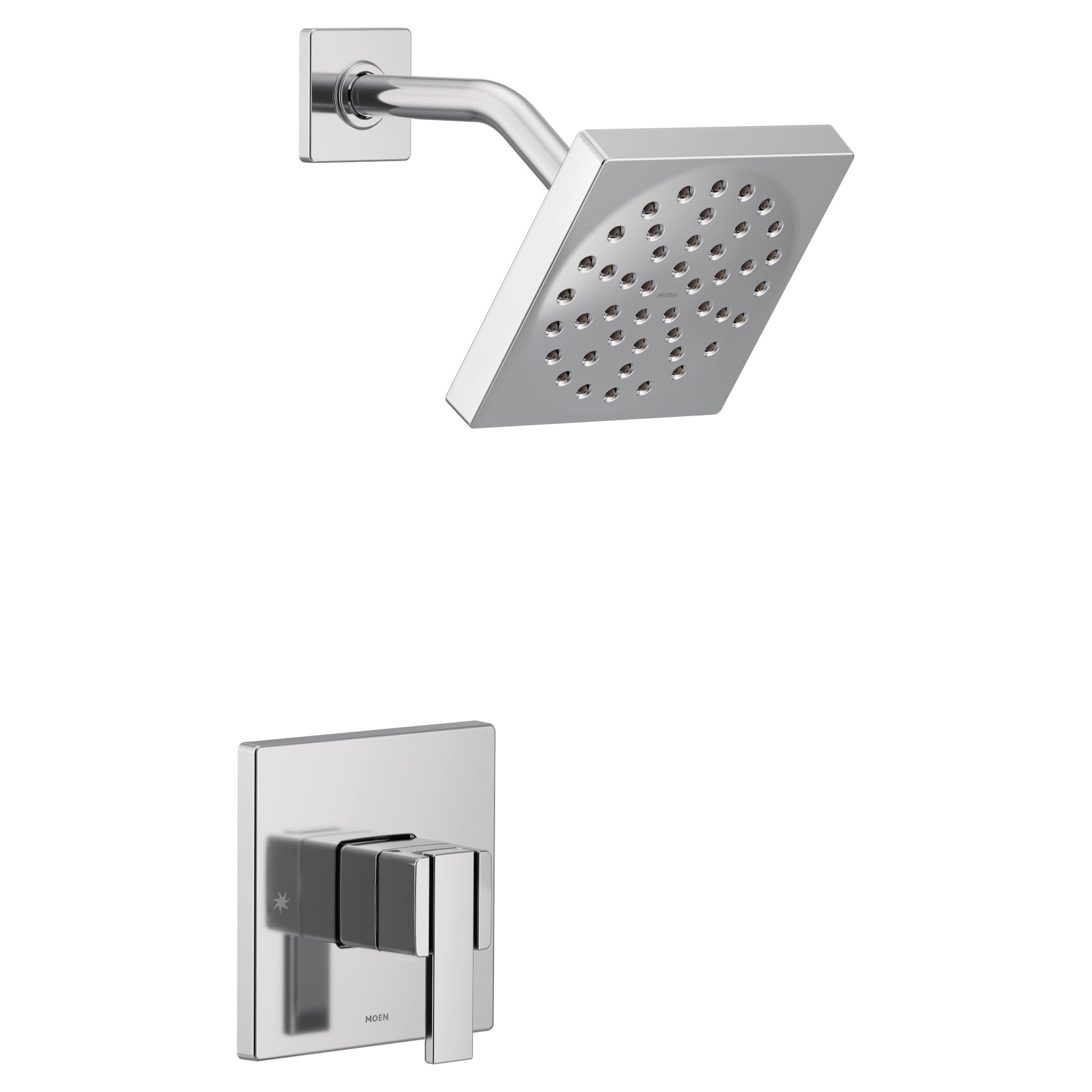 Chrome shower trim kit with single handle, square showerhead, curved arm, and rectangular escutcheon plate.