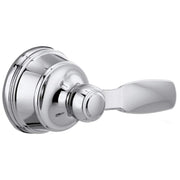 Chrome handle assembly with curved lever and decorative collar ring for faucet installation.