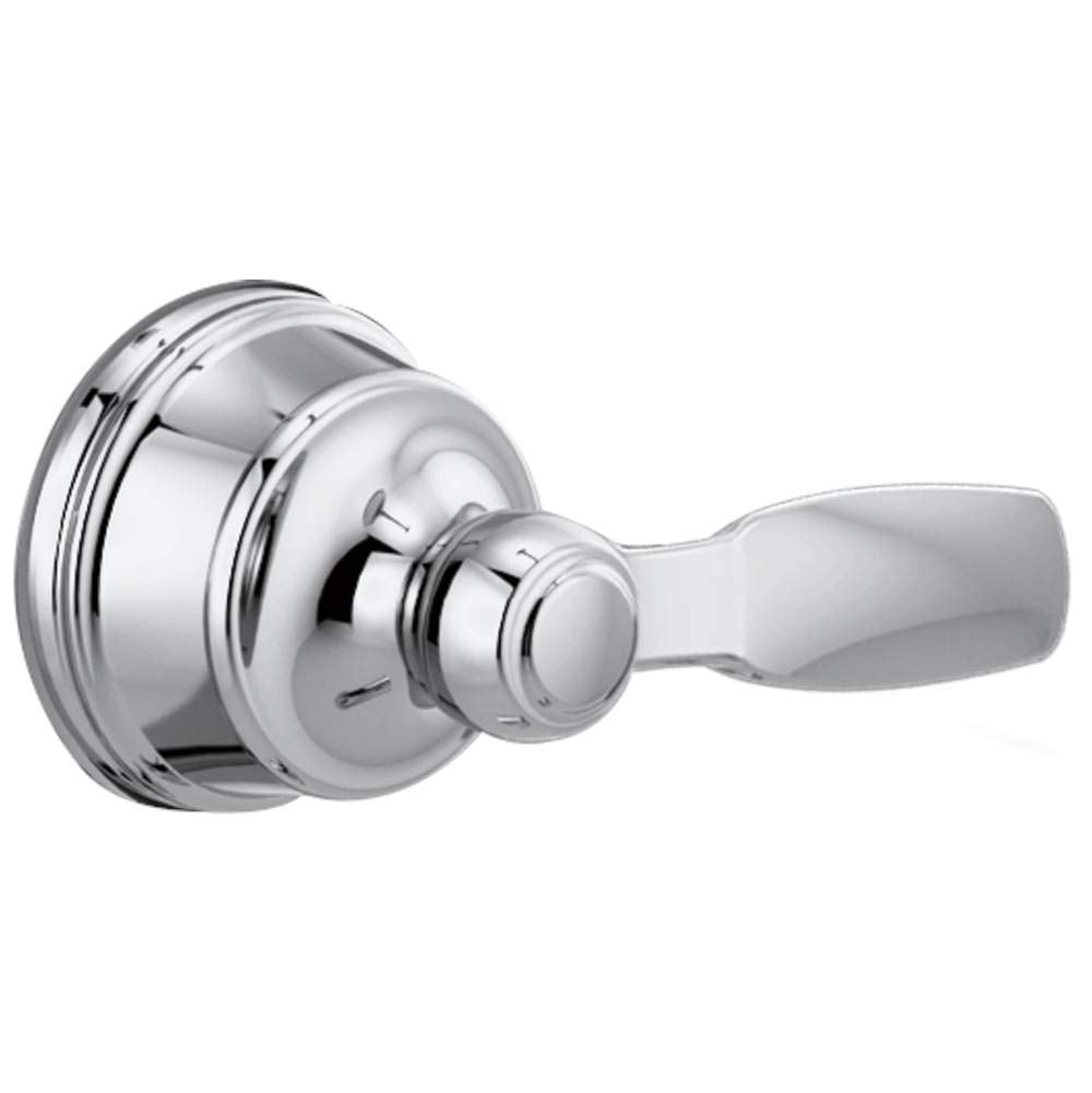 Chrome handle assembly with curved lever and decorative collar ring for faucet installation.