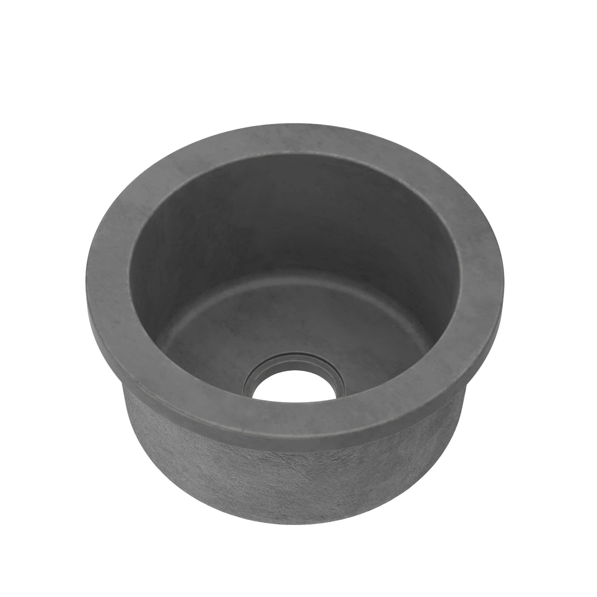 Slate-colored round prep sink with single drain opening, viewed from above.