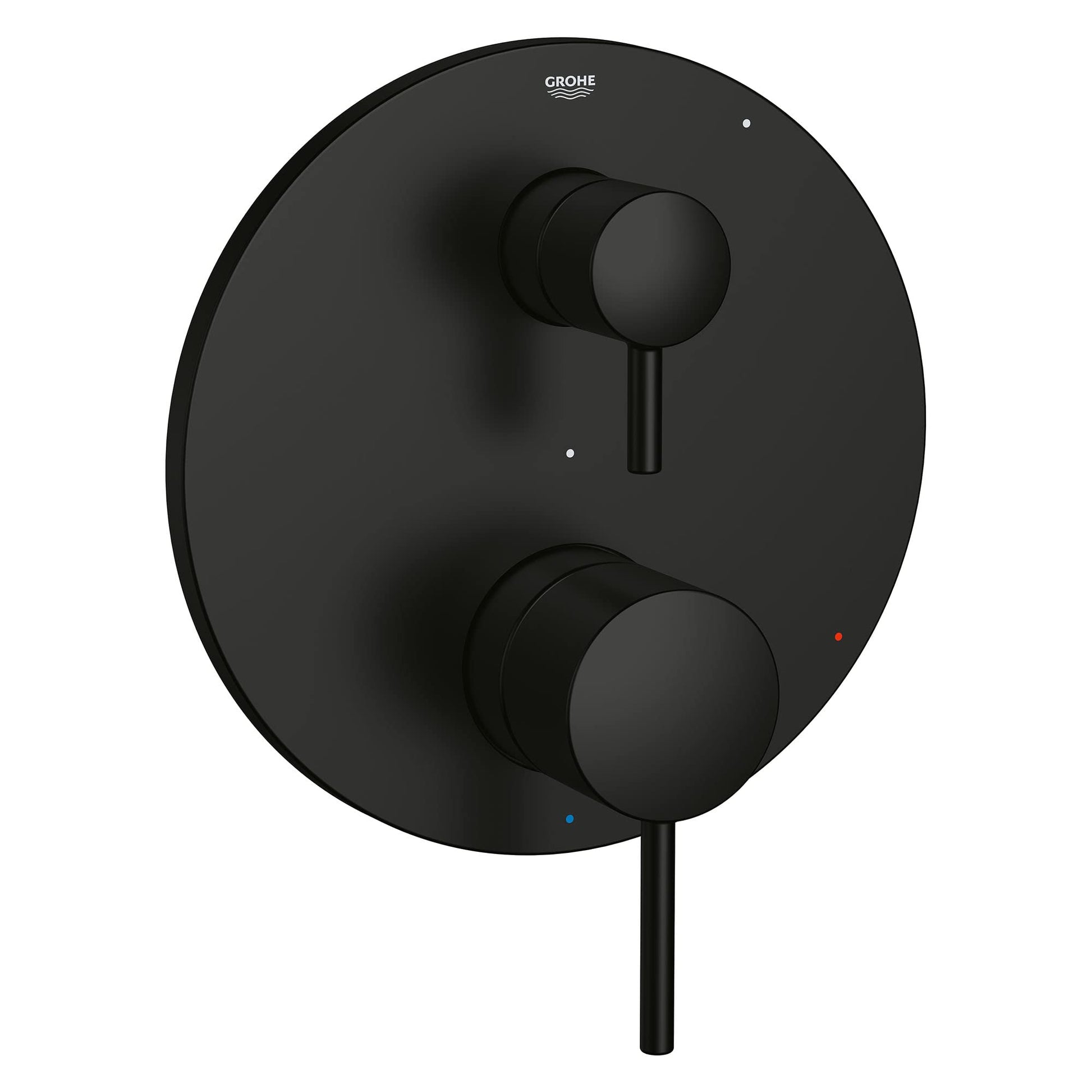 Matte black circular valve trim with two round control handles and diverter lever on round escutcheon plate.