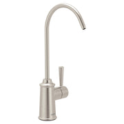 Stainless steel drinking water faucet with curved spout and single side lever handle on round base.
