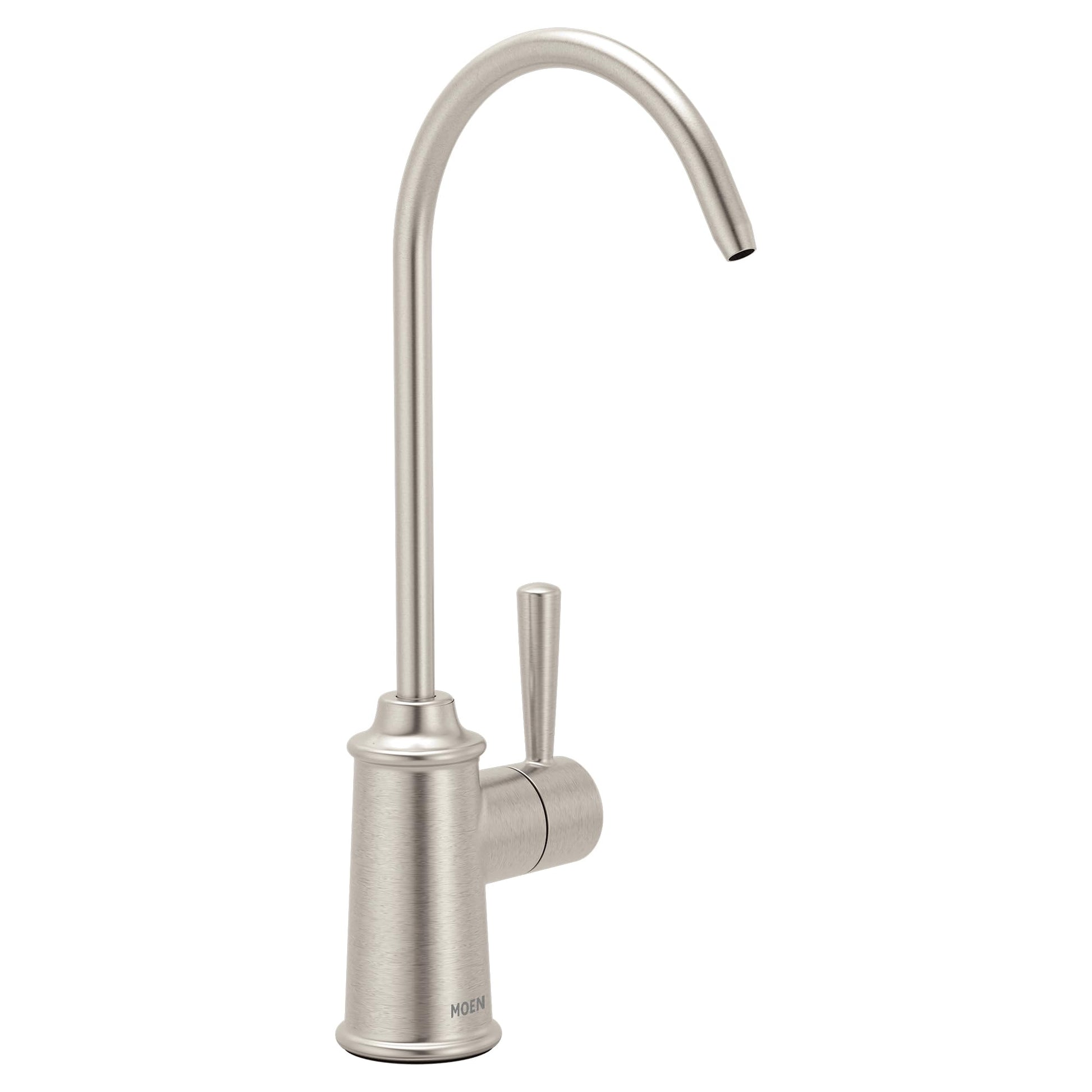 Stainless steel drinking water faucet with curved spout and single side lever handle on round base.
