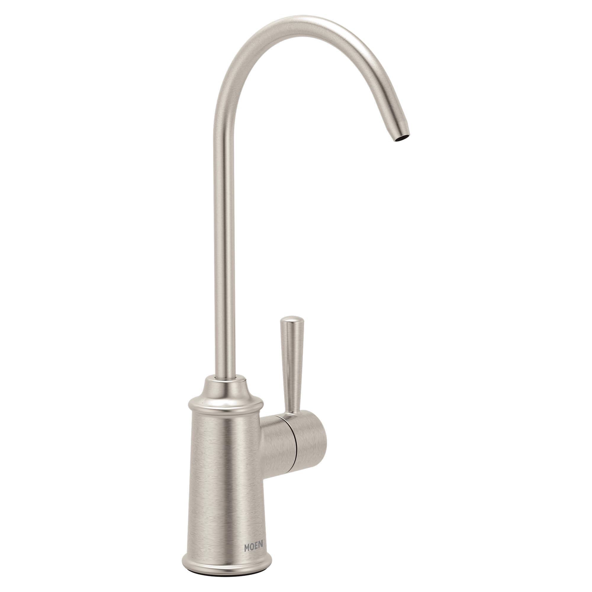 Stainless steel drinking water faucet with curved spout and single side lever handle on round base.