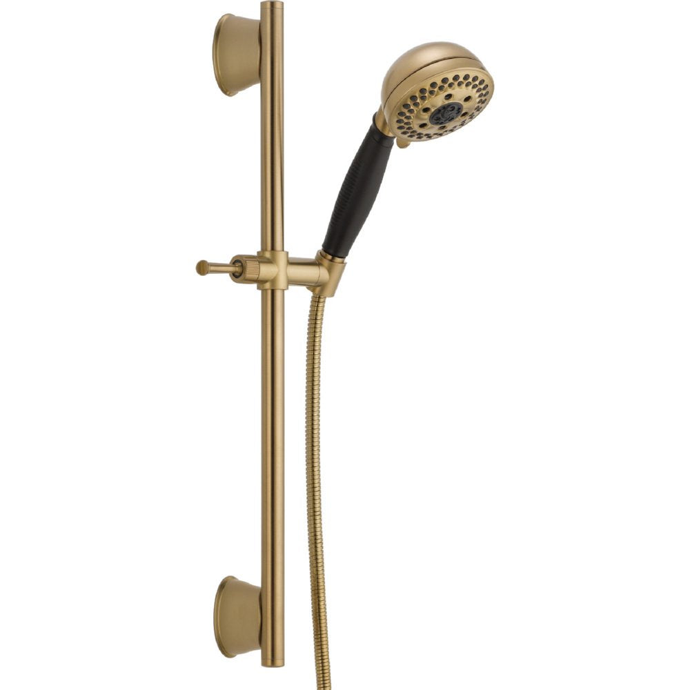 Brass slide bar shower system with hand shower head, black grip handle, and adjustable mounting brackets.