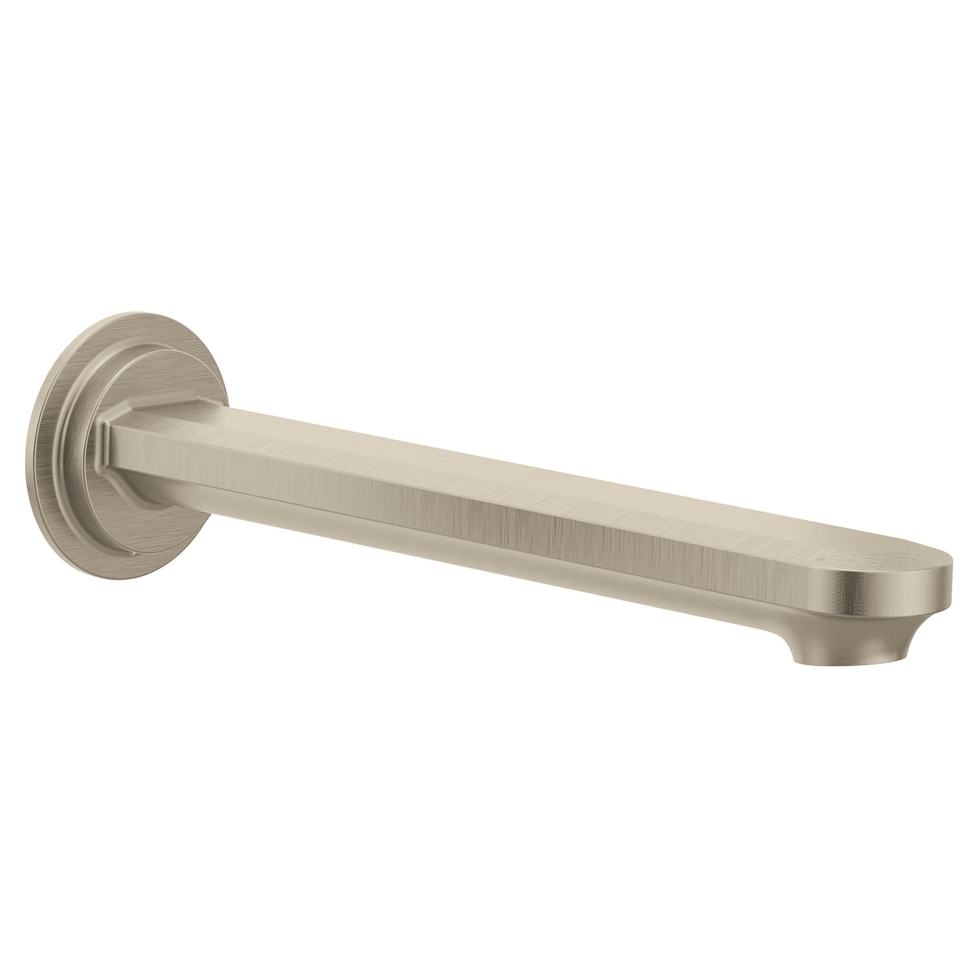 Brushed nickel tub spout with circular wall flange and horizontal rectangular outlet.