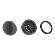 Three gray and black plastic components including a dial, grid insert, and rubber ring for Delta Lahara roman tub faucet.