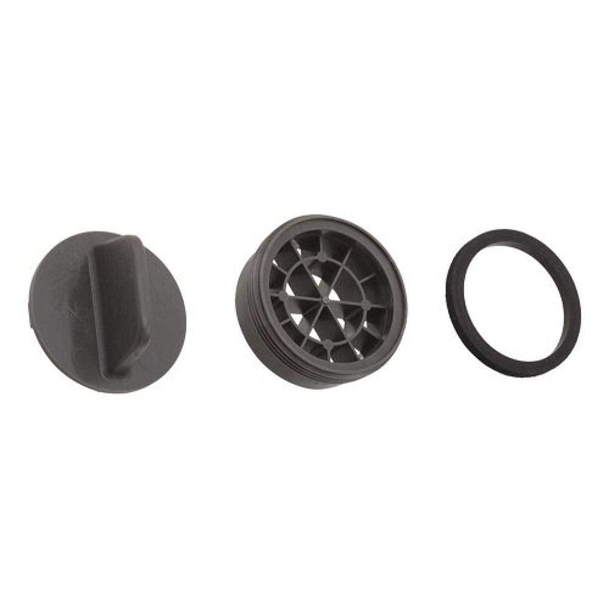 Three gray and black plastic components including a dial, grid insert, and rubber ring for Delta Lahara roman tub faucet.