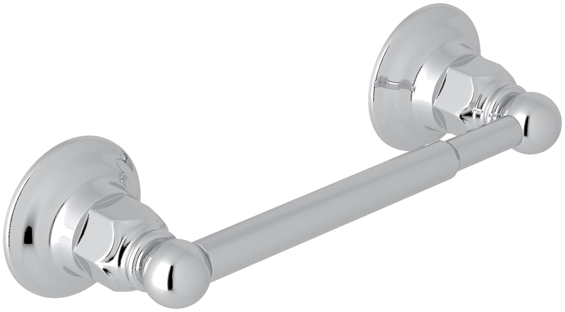Polished chrome toilet paper holder with spring-loaded mechanism and dual circular wall mounts supporting a horizontal rod.