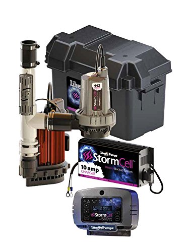 Liberty Pumps 442-10A 12V battery backup sump pump system with pump, battery, controller, and accessories displayed.