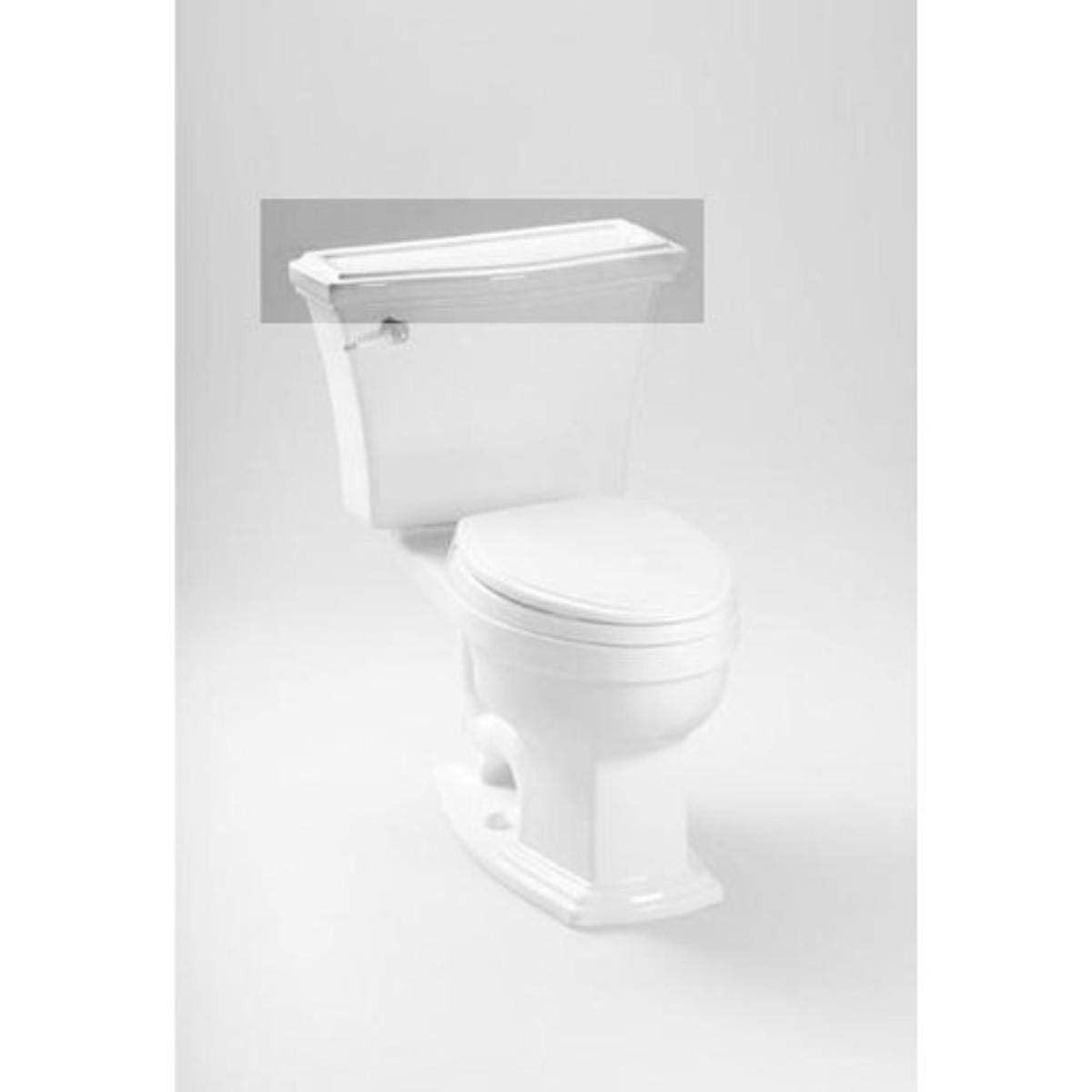 White porcelain toilet tank lid with elongated shape and metal hinges.