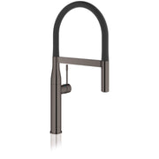 Grohe Essence hard graphite single-handle kitchen faucet with high arched spout and pull-down spray head.