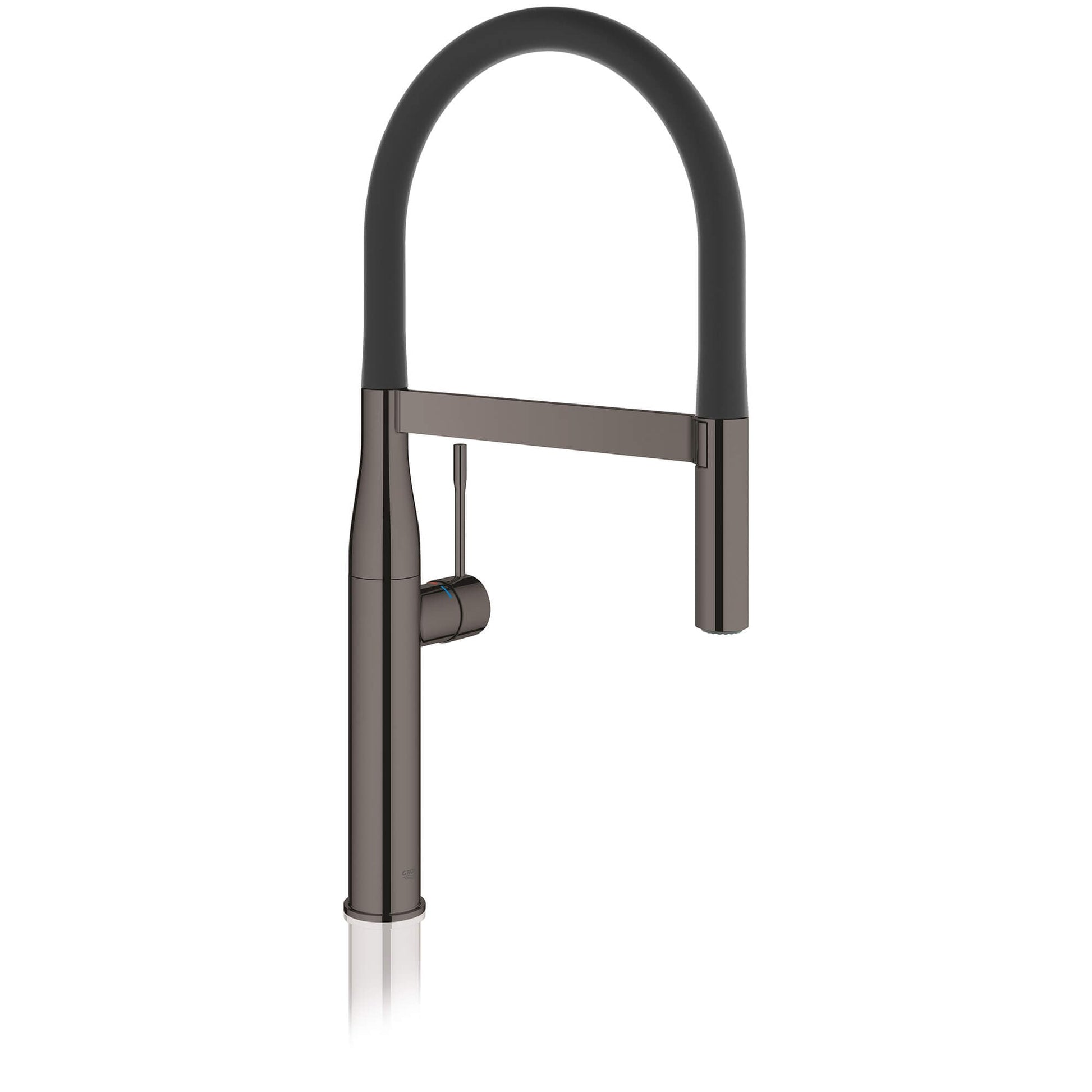 Grohe Essence hard graphite single-handle kitchen faucet with high arched spout and pull-down spray head.