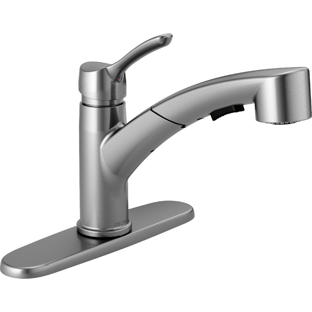 Chrome pull-out kitchen faucet with single handle and curved spout on rectangular base.