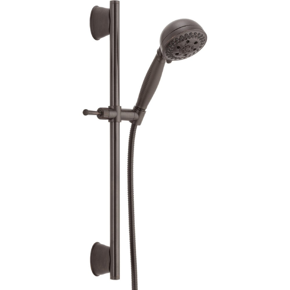 Chrome hand shower with multiple spray holes on vertical slide bar with adjustment lever and flexible hose.