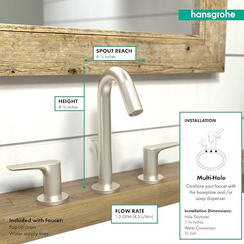 Brushed nickel widespread bathroom faucet with curved spout, two lever handles, and pop-up drain installed on wooden countert