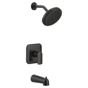 Matte black tub and shower trim kit with single handle valve, curved showerhead with perforations, and tub spout.