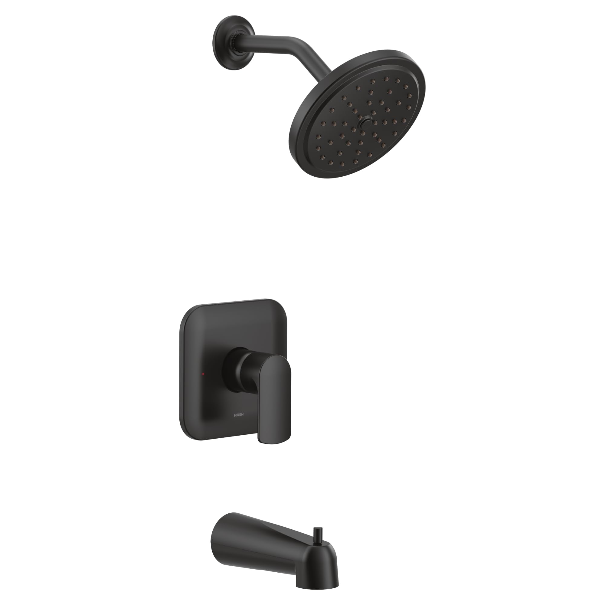 Matte black tub and shower trim kit with single handle valve, curved showerhead with perforations, and tub spout.