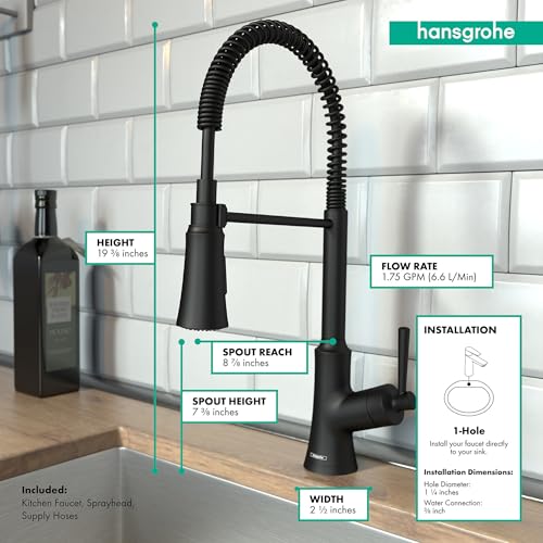 Matte black semi-pro kitchen faucet with coiled spray hose, tall curved spout, and single hole installation mount.