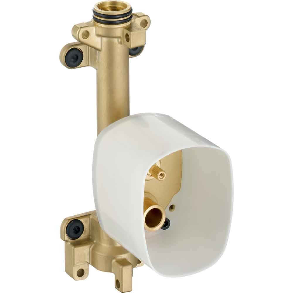 Brass rough-in valve with white trim ring and threaded connection port for handshower installation.