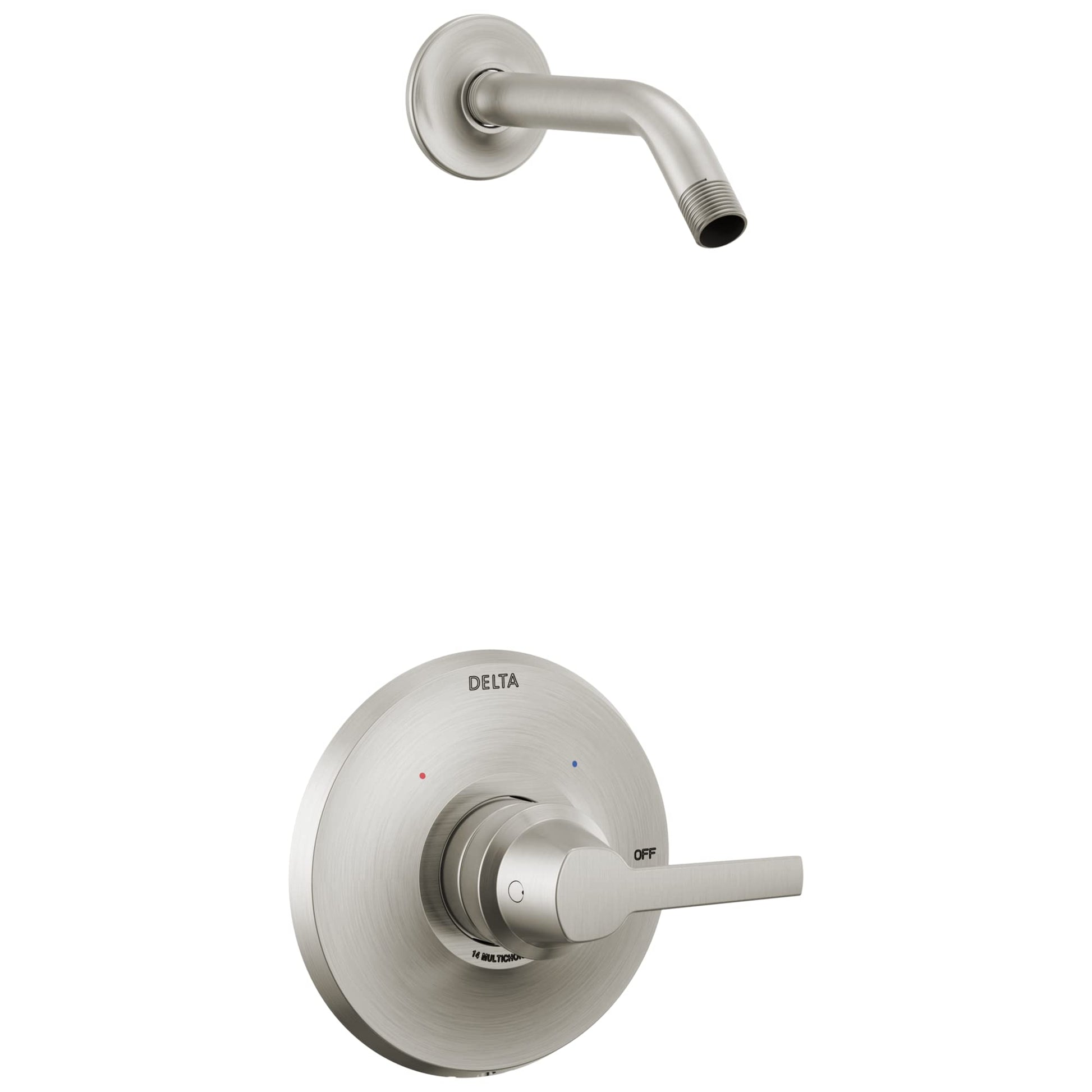 Brushed nickel shower trim with round wall plate, single lever handle, and curved shower arm with angled spray head.