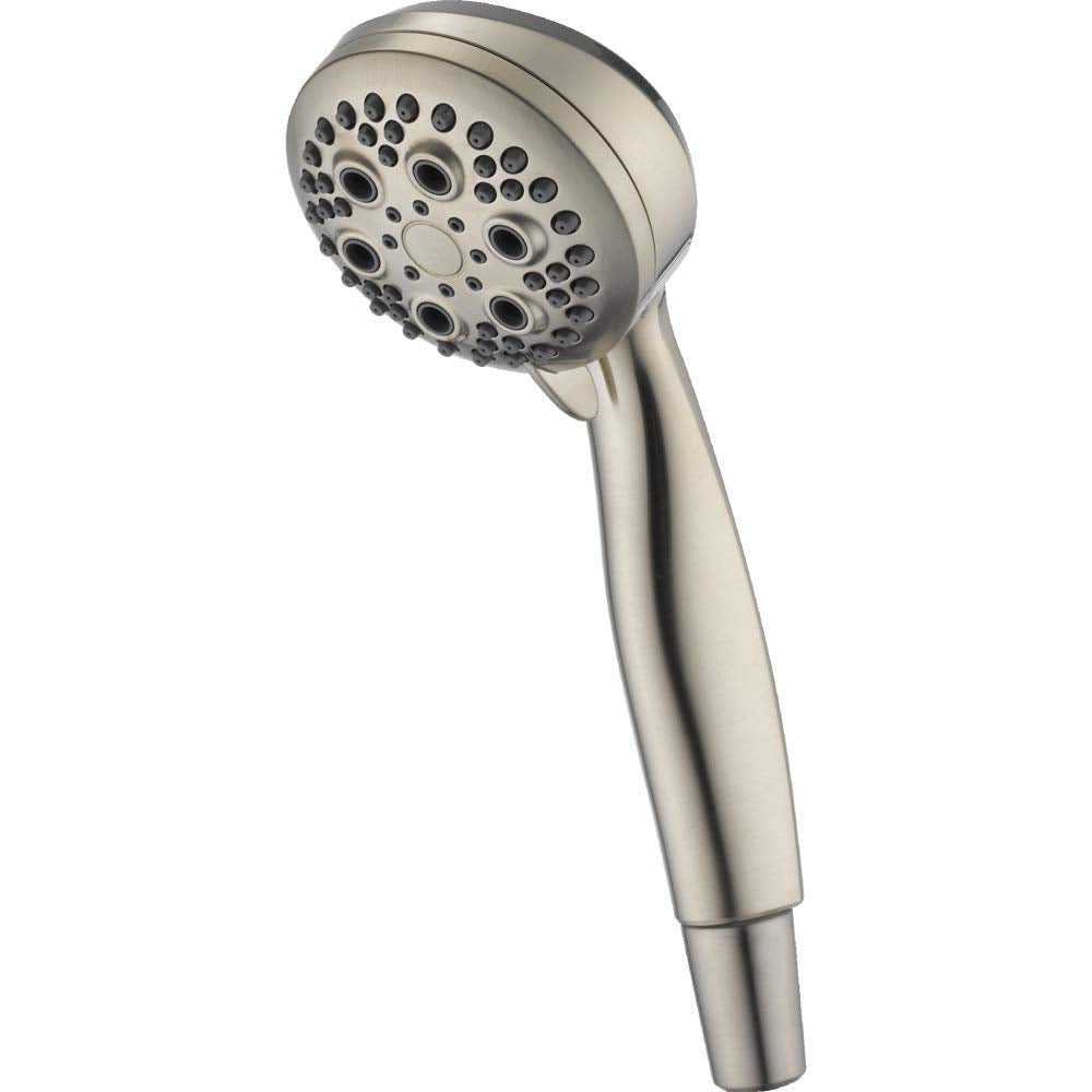 Brushed nickel hand shower with round head featuring multiple spray holes and tapered handle.