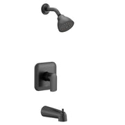Matte black tub and shower trim kit with single handle valve, showerhead, and tub spout.