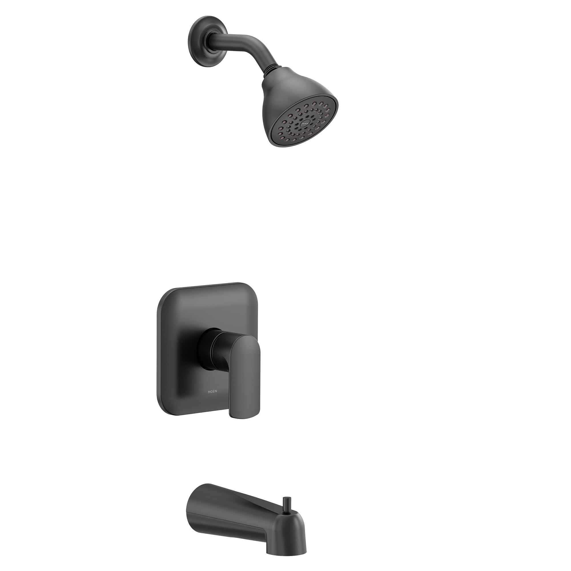 Matte black tub and shower trim kit with single handle valve, showerhead, and tub spout.