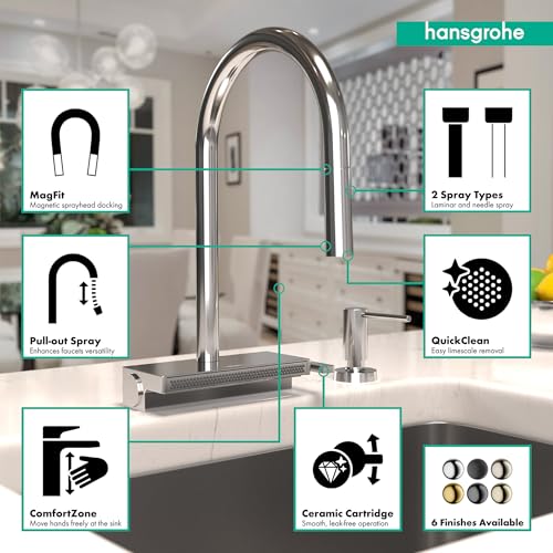 Chrome high-arc kitchen faucet with pull-down spray head and ergonomic handle over sink.